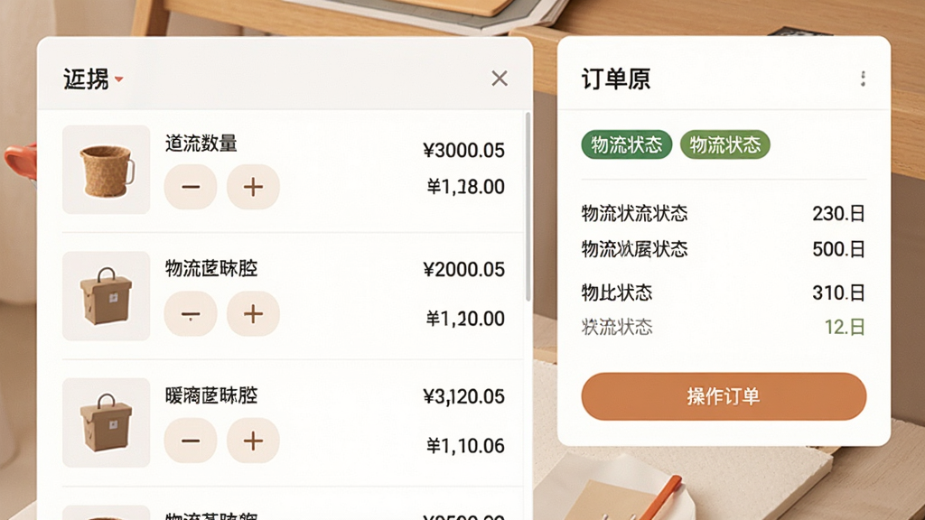 一张暖暖商城购物车与订单管理界面的组合示意图,画面中购物车列表包含商品缩略图、数量加减按钮和合计金额,右侧订单卡片展示物流状态标签,布局清晰,风格简约,细节包括价格数字、状态文字、操作按钮,画质干净,无多余元素