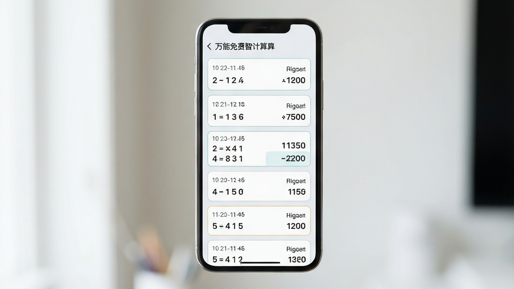 画面主体为万能免费智能计算器历史记录页面展示,一部手机竖屏放置,屏幕内呈现按时间排列的计算记录列表,每条记录包含算式与结果,布局为手机居中、列表整齐排列,风格为清新浅色系扁平设计,细节上记录卡片带有细边框、文字清晰、背景为淡灰白色,画质干净柔和,无多余装饰元素