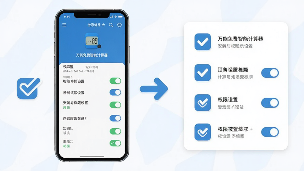 画面主体为万能免费智能计算器安装与权限设置示意图,一部手机屏幕显示应用安装界面与权限开关列表,旁边配有简洁的勾选与箭头图标,布局为手机居中偏左、右侧为权限说明卡片,风格为清爽的信息图风格,细节上界面文字清晰、图标简洁、配色以白蓝灰为主,画质干净明了,无多余装饰