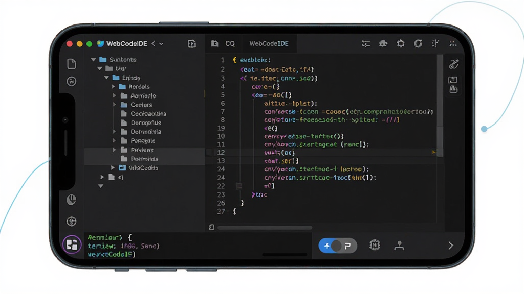 WebCodeIDE 移动端代码编辑器主界面展示,画面中央为一部智能手机,屏幕内显示深色主题的代码编辑区域,左侧为文件目录树,右侧为代码编辑窗格,代码带有彩色语法高亮,底部显示终端与预览切换按钮,整体布局紧凑有序,风格为现代科技感扁平化设计,细节包括清晰的图标与流畅的线条,画质清晰锐利,干净无多余元素