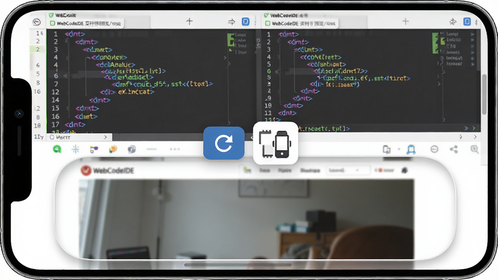 WebCodeIDE 实时预览功能展示,画面为手机分屏状态,上半部分为代码编辑区显示HTML结构,下半部分为渲染后的网页预览效果,中间有刷新按钮与设备尺寸切换图标,布局对称平衡,风格为清爽工具类界面,细节包括预览区域的圆角边框与代码区的行号显示,画质锐利,干净无多余元素