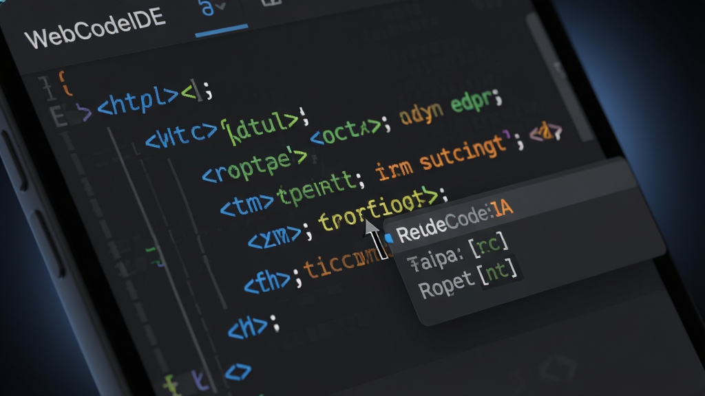 WebCodeIDE 编辑器语法高亮功能特写,画面展示手机屏幕局部放大,代码区域中HTML标签为蓝色、属性值为绿色、字符串为橙色,光标闪烁处弹出智能补全建议小窗,背景为深灰色编辑器主题,布局聚焦于代码细节,风格为极简科技风,细节包括清晰的字体抗锯齿与柔和的暗色背景光晕,画质高清,干净无多余元素