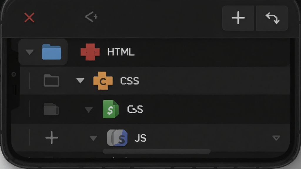 WebCodeIDE 文件管理目录树界面,画面为手机屏幕显示深色背景的文件列表,左侧有文件夹图标与层级缩进线,文件类型图标区分HTML、CSS、JS,顶部有新建与排序按钮,布局清晰规整,风格为现代扁平化设计,细节包括细腻的图标描边与柔和的选中高亮,画质清晰,干净无多余元素
