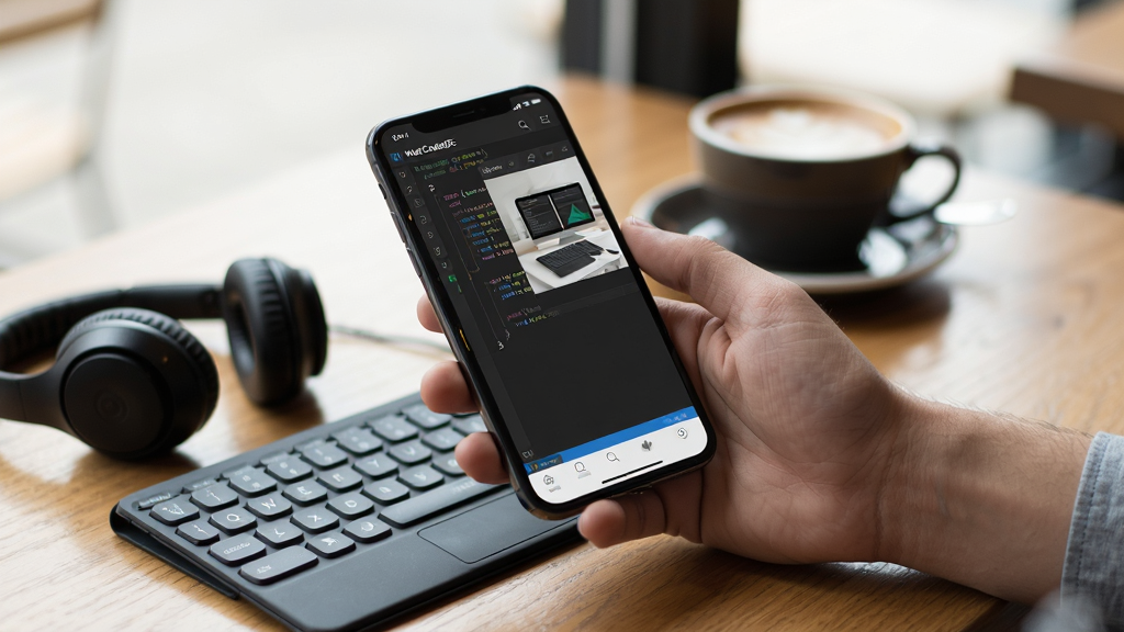 WebCodeIDE 移动端使用场景示意图,画面为一只手握持手机在咖啡厅桌面上操作,手机屏幕显示代码编辑界面与预览窗口,旁边放置蓝牙键盘与耳机,环境光线柔和自然,布局以手机为视觉中心,风格为生活方式摄影风,细节包括桌面木纹与咖啡杯虚化背景,画质清晰,干净无多余元素