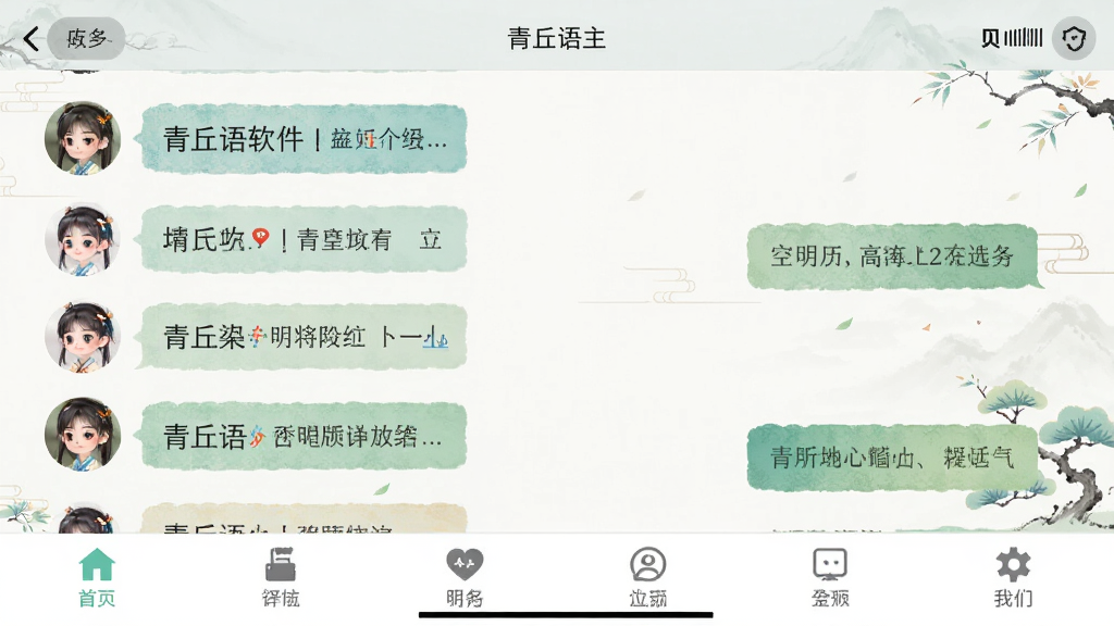 青丘语软件主界面截图,展示聊天列表与底部导航栏,界面风格清新简洁,带有淡雅国风元素,布局为手机竖屏展示,风格为真实应用截图效果,细节包括头像、消息气泡、功能图标,画质清晰,干净,无多余元素