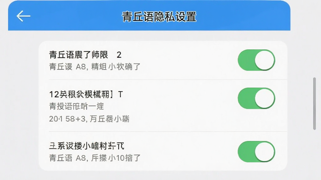 青丘语隐私设置页面截图,展示权限开关列表,界面布局为手机竖屏,风格为简洁设置页面,细节包括开关按钮、说明文字、返回箭头,画质清晰,干净,无多余元素