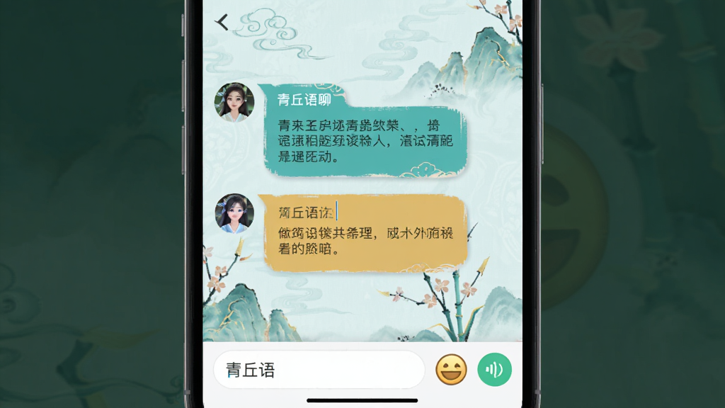 青丘语聊天界面展示,画面中央为两个用户的对话气泡,背景带有淡青色国风纹理,界面布局为手机竖屏,风格为清新社交应用截图,细节包括输入框、表情按钮、语音图标,画质清晰,干净,无多余元素