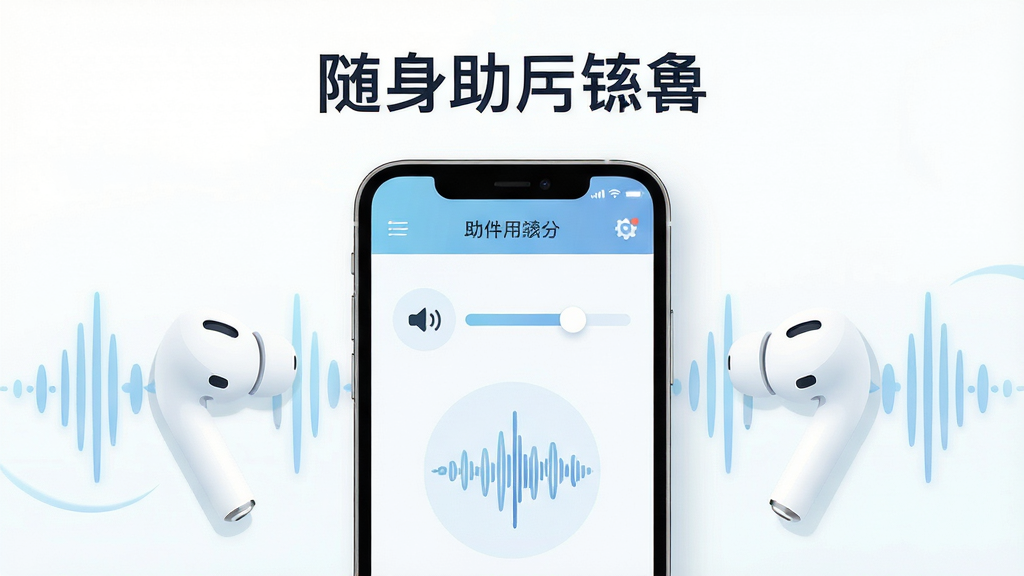 画面主体是一部智能手机居中放置,屏幕上显示随身助听软件主界面,界面中有音量调节滑块与声音波形图标;手机两侧摆放白色无线耳机与淡蓝色声波装饰线条;布局采用居中对称构图,上方留白放置软件名称文字;风格为清爽科技感扁平插画,细节包含柔和光影与简洁图标;画质高清,画面干净无多余元素