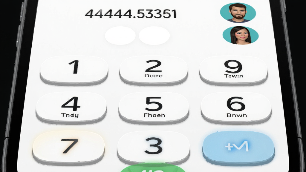 一张Phone应用拨号键盘特写图,画面主体为手机屏幕上的大号数字拨号盘,按键带有轻微立体感,上方显示已输入号码与匹配的联系人头像,布局居中对称,风格扁平化设计,细节包括按键高亮反馈与联系人缩略图,画质清晰,背景干净