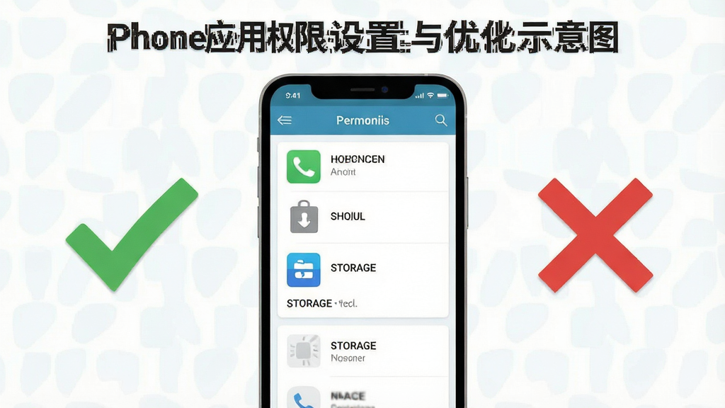 一张Phone应用权限设置与优化示意图,画面展示手机屏幕上的权限管理界面,旁边配有对勾与叉号图标表示允许与禁止,布局左右对照,风格扁平化说明图,细节包括通讯录图标与存储图标,画质清晰,干净无多余装饰