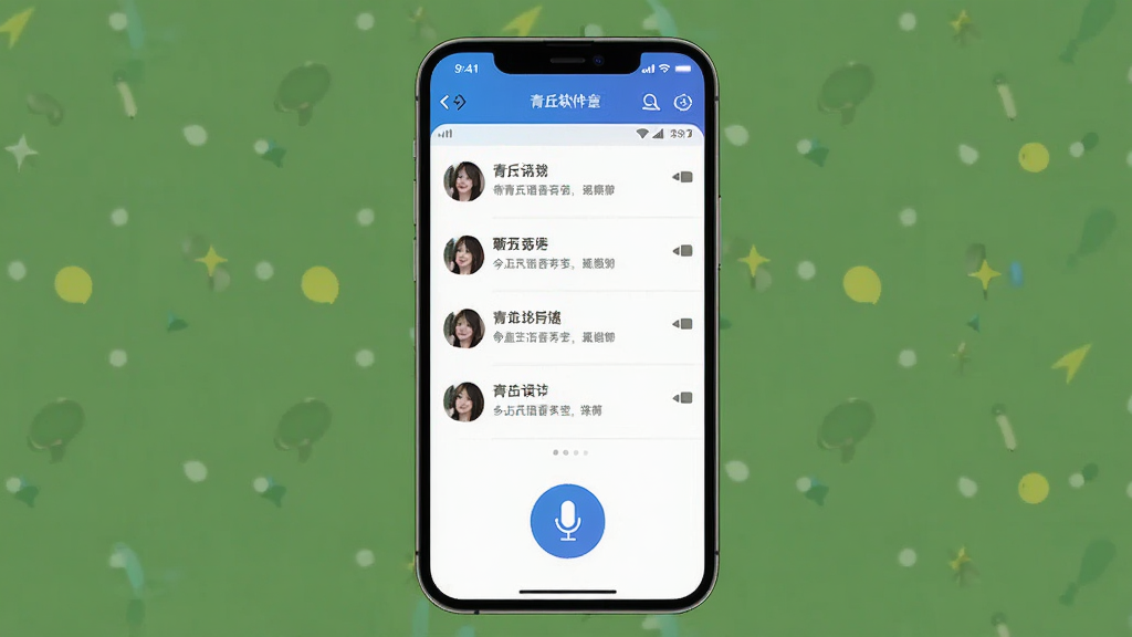 青丘软件语音聊天室界面展示,多人语音房间布局,简洁清爽的移动端UI风格,主体为手机屏幕内显示聊天室列表与麦克风图标,排版居中,风格现代简约,细节清晰,画质干净无多余元素