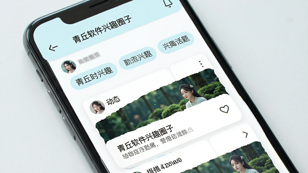 青丘软件兴趣圈子页面展示,手机屏幕内呈现多个兴趣标签与动态卡片,布局为上下滑动列表,风格清新浅色,细节包含头像与话题文字,画质干净整洁