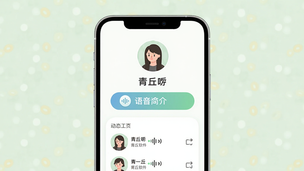 青丘软件个人主页展示,手机界面内包含头像、昵称、语音简介按钮与动态列表,布局清晰,风格柔和圆角,细节突出语音波形图标,画质干净无杂乱元素