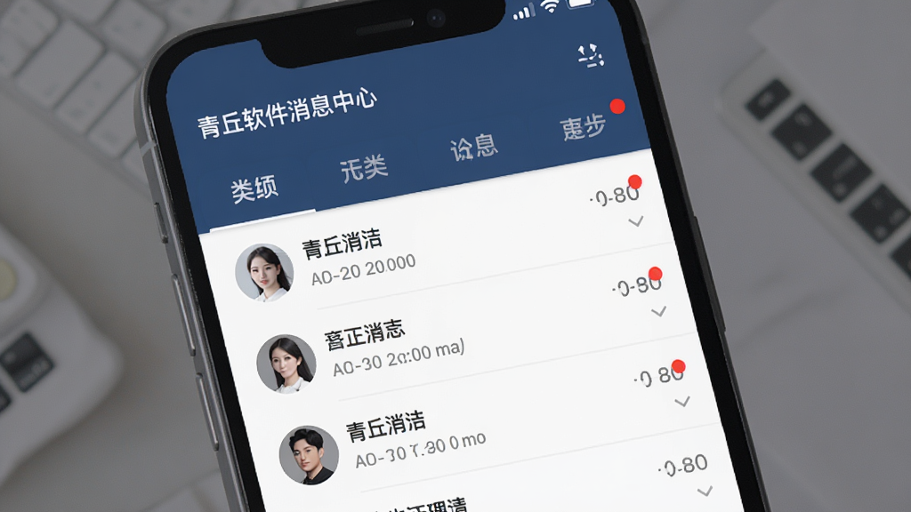 青丘软件消息中心界面展示,手机屏幕内呈现消息列表与未读红点提示,布局为分类标签加列表,风格简约商务,细节包含头像与时间戳,画质干净清晰