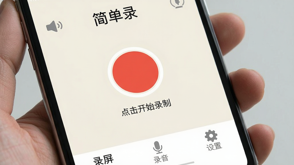手机屏幕展示“简单录”应用主界面,中央是一个大号红色圆形录制按钮,按钮下方显示“点击开始录制”字样,界面底部有“录屏”“录音”“设置”三个标签,整体布局简洁,浅色背景,扁平化图标风格,画质清晰,干净无杂物