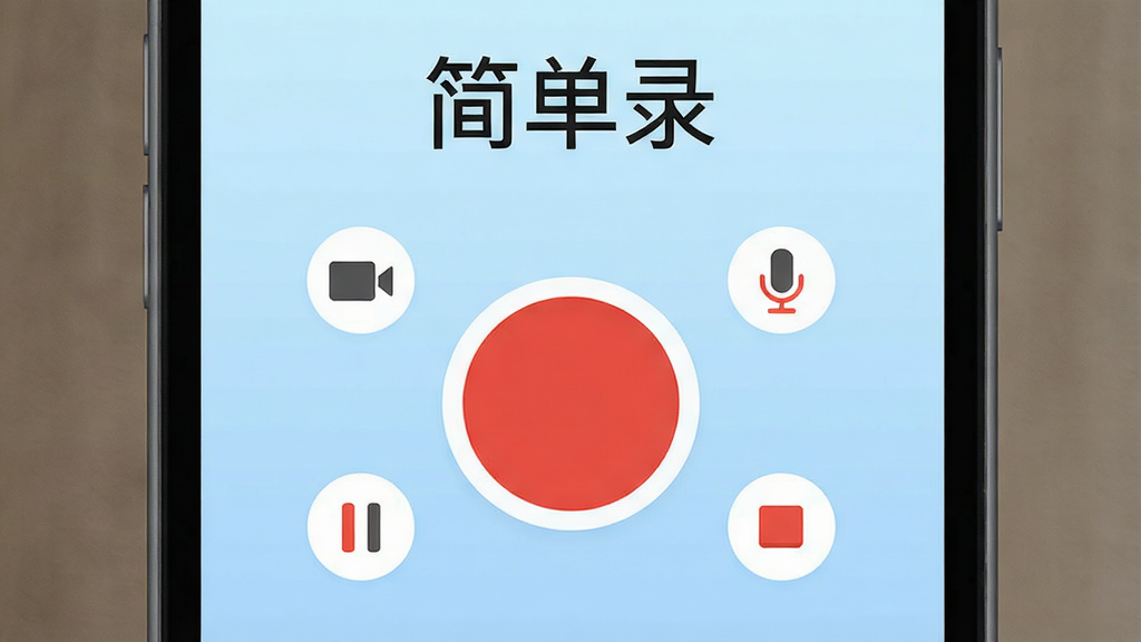 手机屏幕中央展示简洁的录屏软件界面,界面顶部有“简单录”三个中文字,屏幕中间是一个醒目的红色圆形录制按钮,按钮周围环绕着录屏、录音、暂停、停止四个小图标,背景是浅蓝色渐变,整体风格清爽简约,扁平化设计,画质清晰干净,无多余元素