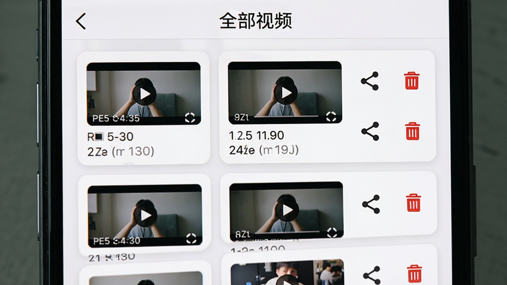 手机屏幕展示“简单录”的视频文件管理列表,列表中排列着多个视频缩略图卡片,每个卡片显示录制时长和文件大小,卡片右侧有分享和删除图标,界面顶部有“全部视频”标题,整体采用白色卡片配浅灰背景,风格清爽,画质清晰干净