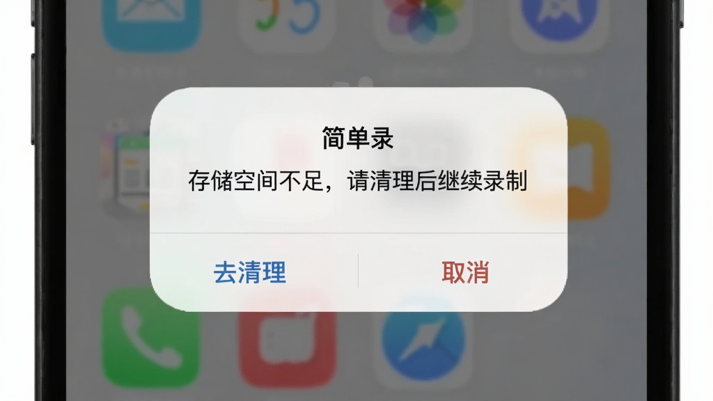 手机屏幕展示“简单录”的存储空间提示弹窗,弹窗内显示“存储空间不足,请清理后继续录制”的提示文字,下方有“去清理”和“取消”两个按钮,弹窗风格圆角柔和,背景为半透明遮罩,整体画面干净简洁