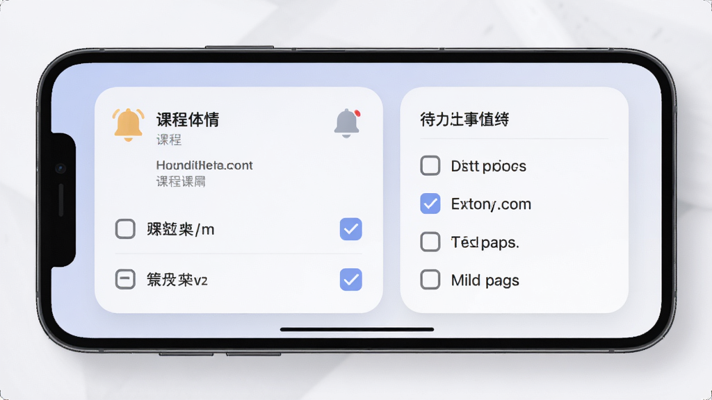 手机屏幕显示课程详情页面与待办事项列表,主体为一部横向放置的手机,布局为左侧课程信息卡片、右侧待办清单,排版为左右分栏结构,风格为柔和圆角卡片式设计,细节包括提醒铃铛图标与任务勾选框,画质清晰干净,无多余元素