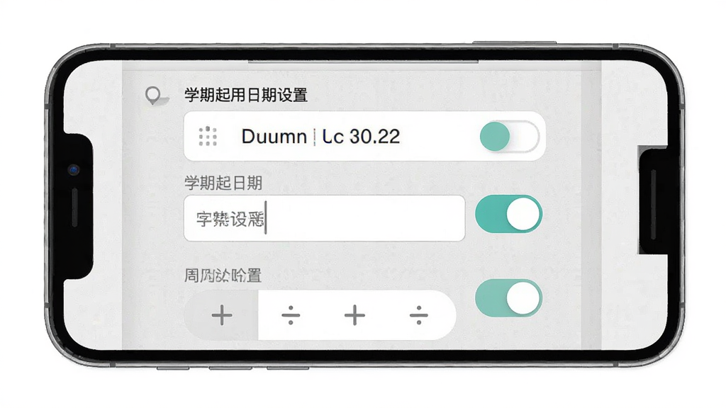 手机应用设置页面展示学期起始日期与总周数设置项,主体为一部手机,布局为屏幕中央设置表单,排版为纵向排列的输入项与开关按钮,风格为浅灰质感扁平设计,细节包括日期选择器与周数加减控件,画质清晰干净,无多余元素