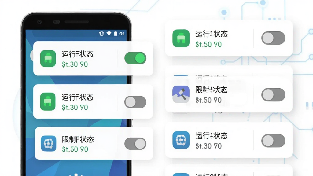 手机后台管控功能展示图,主体是一部安卓手机与悬浮的后台应用卡片列表,卡片上标注运行状态与限制开关,布局为手机在左、卡片列表在右,风格为清爽扁平科技风,细节包含绿色运行指示灯与灰色停用开关,画质干净明亮,无多余元素