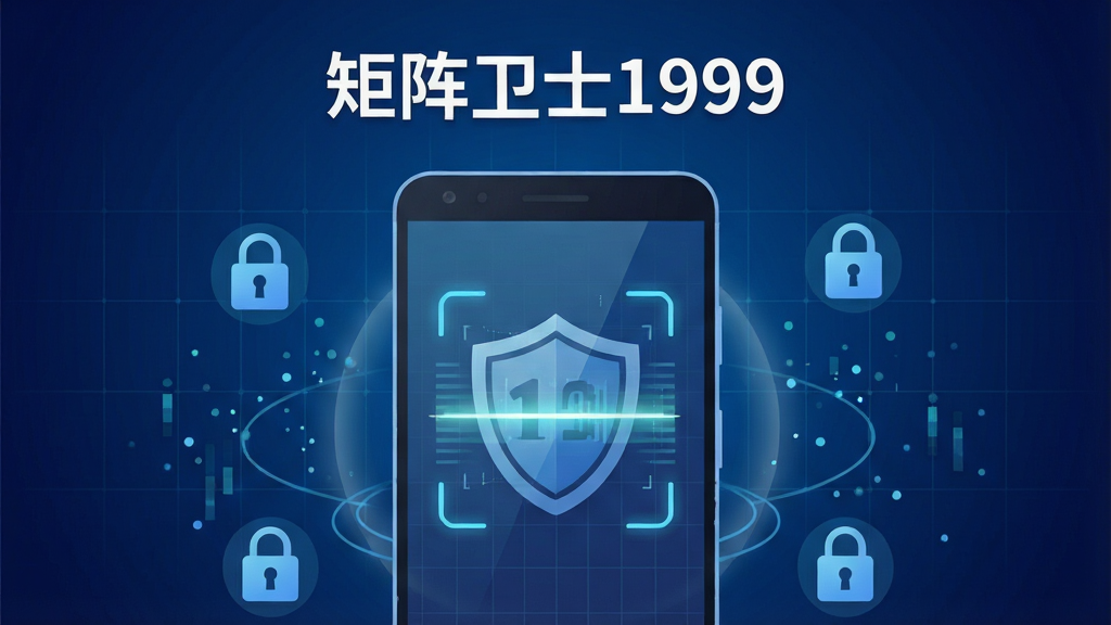 手机安全防护主题插画,主体是一部居中放置的安卓智能手机,屏幕显示盾牌与扫描光效界面,上方悬浮软件名称“矩阵卫士1999”,背景为深蓝渐变科技网格,四周环绕锁形图标与数据粒子,布局上标题在上方居中,手机在画面中央,风格为扁平化科技插画,细节包含细线网格纹理与柔和光晕,画质清晰干净,无多余元素