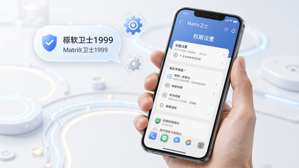 安卓手机安全软件操作指引场景图,主体为一只手握持手机,屏幕显示矩阵卫士1999的权限设置页面,旁边悬浮提示气泡与齿轮图标,布局为手机在画面中央偏右、气泡在左上,风格为写实科技风插画,细节包含柔和光影与清晰界面元素,画质干净明亮,无多余元素