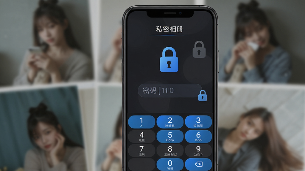 “小拾记”私密相册加密功能界面,主体为手机屏幕中央显示锁形图标与密码输入框,布局为上下结构,上方为“私密相册”文字标题,下方为数字键盘区域,风格为深色沉稳风格搭配蓝色高亮按钮,细节包含模糊处理的照片背景与安全锁标识,画质高清、干净、无多余元素