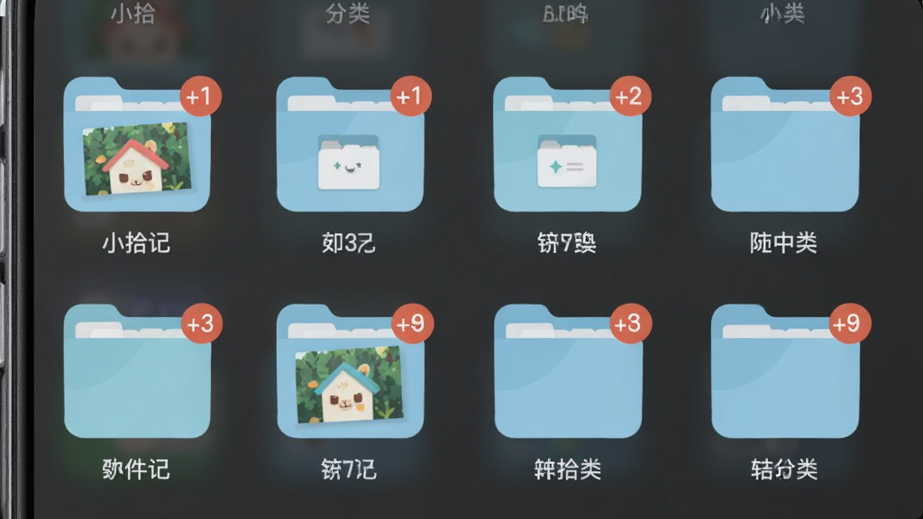 “小拾记”软件智能分类功能展示图,主体为手机界面中多个分类文件夹图标排列,布局为两列网格分布,排版上每个文件夹下方配有文字标签,风格为清新浅色系扁平图标设计,细节包含文件夹封面缩略图与数量角标,画质清晰、干净、无多余元素