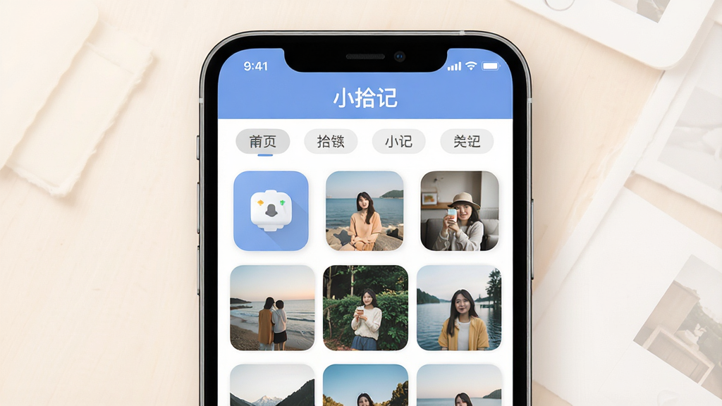 一款名为“小拾记”的手机相册管理软件界面展示,主体为手机屏幕居中放置,屏幕内呈现整齐的相册网格与分类标签,布局上采用上下分层结构,上方为软件名称“小拾记”标题栏,下方为照片缩略图区域,排版简洁清晰,风格为现代扁平化设计,细节包含圆角图标、柔和阴影与浅色背景,画质高清、干净、无多余元素