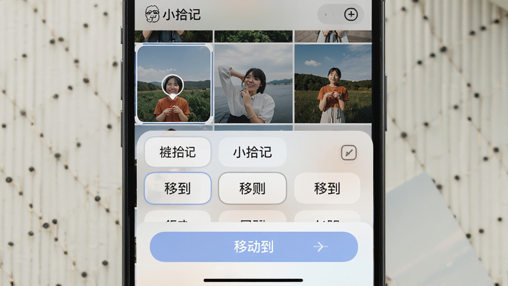 “小拾记”相册快捷归档操作界面,主体为手机屏幕显示多张照片处于选中状态并弹出相册选择菜单,布局为底部弹窗式菜单覆盖在照片网格上方,排版上菜单内列出多个相册名称,风格为柔和圆角卡片设计,细节包含选中高亮边框与“移动到”按钮,画质高清、干净、无多余元素