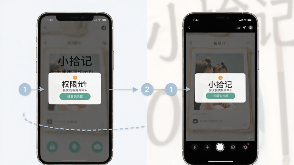 “小拾记”新手使用操作示意图,主体为手机屏幕分步骤展示权限允许弹窗与相册扫描进度,布局为左右两屏对比排列,排版上左侧为权限弹窗右侧为扫描完成界面,风格为清爽素雅浅色风格,细节包含步骤序号标签与箭头引导线,画质高清、干净、无多余元素