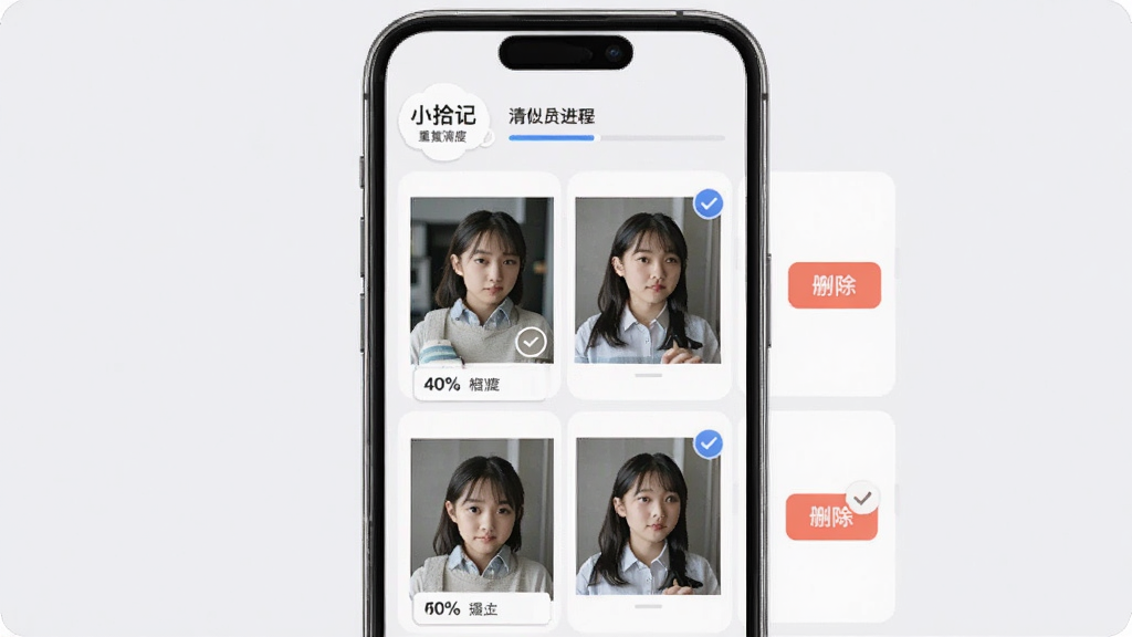 “小拾记”重复图片清理功能展示,主体为手机界面中并排显示两张相似照片并带有勾选圆圈,布局为列表式上下排列多组对比图,排版上每组右侧配有删除按钮,风格为简约商务风浅灰底色,细节包含相似度百分比标签与清理进度条,画质清晰、干净、无多余元素