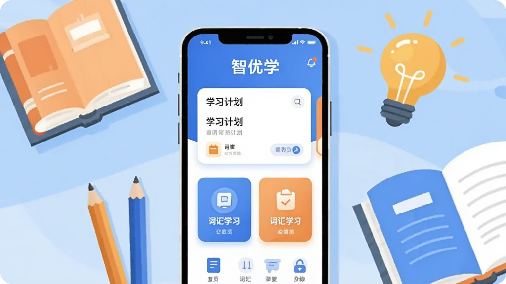 画面中央是一部智能手机,屏幕上显示“智优学”APP的首页界面,界面中有学习计划卡片和词汇学习入口;手机周围环绕着书本、铅笔、灯泡等学习元素,整体采用扁平化插画风格,色调以蓝色和橙色为主,布局简洁居中,画面干净明亮,高清画质,无多余装饰元素