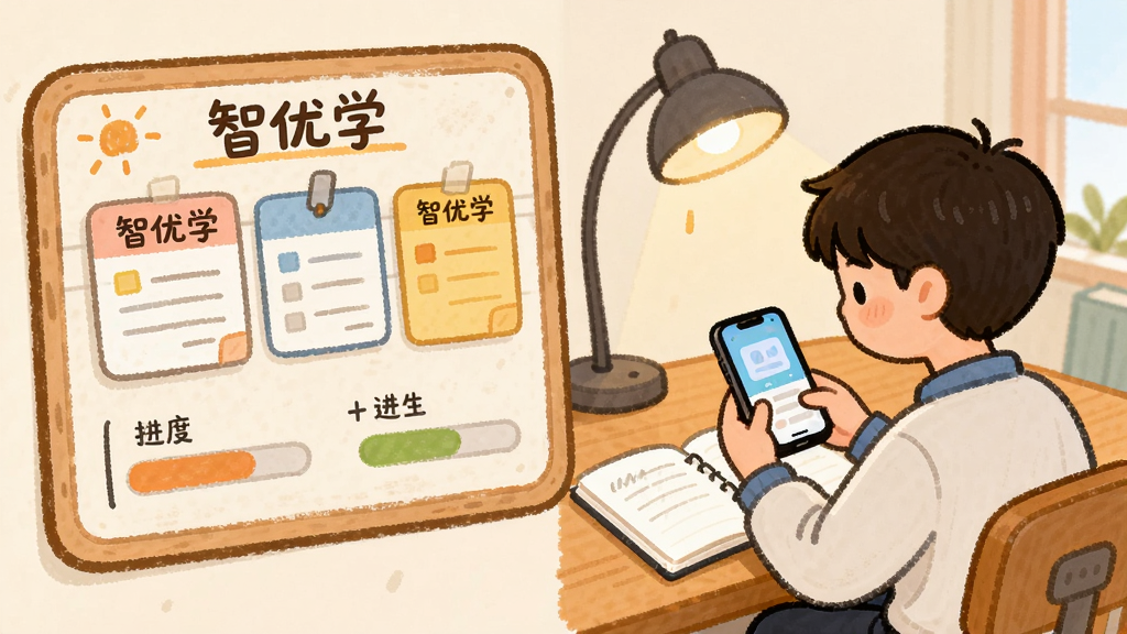 画面左侧是一个卡通风格的学习计划看板,上面贴有“智优学”字样的任务卡片和进度条;右侧是一名学生在书桌前使用手机学习,桌面上摆放着笔记本和台灯;整体采用温暖的手绘插画风格,色彩柔和,构图左右均衡,画质清晰干净,无杂乱背景元素