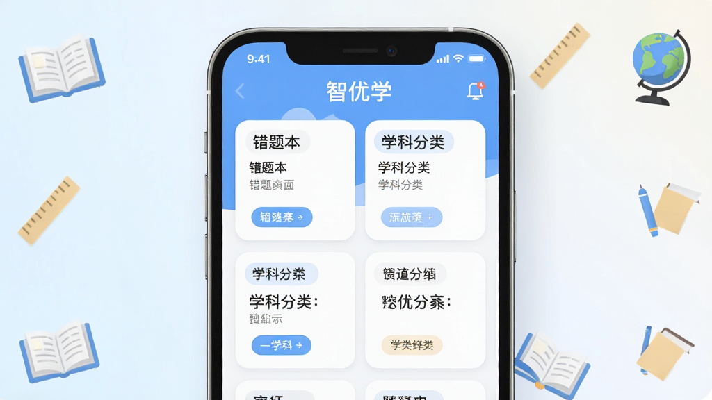 画面以“智优学”APP界面为主体,展示错题本页面和学科分类标签,界面元素以卡片形式排列;背景为浅色渐变,点缀书本、尺子、地球仪等学科图标,风格清爽简约,布局规整有序,高清画质,画面干净无多余元素