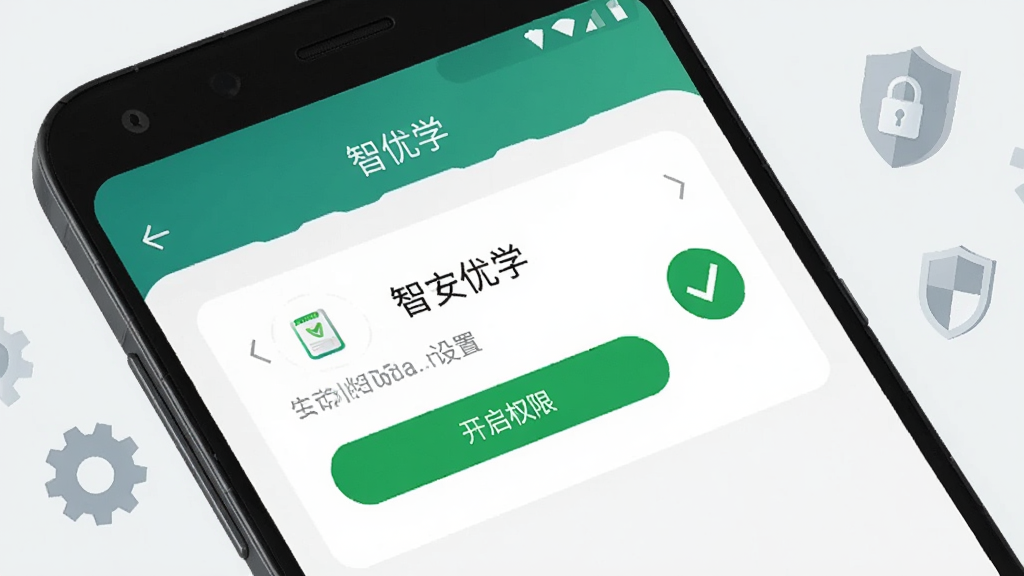 画面展示一部安卓手机屏幕特写,屏幕上显示“智优学”APP的安装权限设置界面,旁边有一个绿色对勾图标表示开启权限;背景为浅灰色,点缀齿轮和盾牌图标象征设置与安全,风格简洁科技感,布局清晰,画质干净,无多余元素