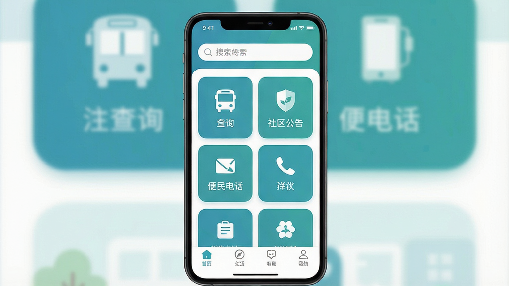 一张手机应用界面展示图,主体是一部竖屏智能手机,屏幕内显示本地生活服务类APP首页,顶部有搜索栏,中部为功能图标网格布局包含公交查询、社区公告、便民电话等入口,整体配色以蓝绿色调为主,布局简洁清晰,风格为现代扁平化UI设计,细节包括状态栏图标、圆角卡片和底部导航栏,画质高清,画面干净,无多余元素