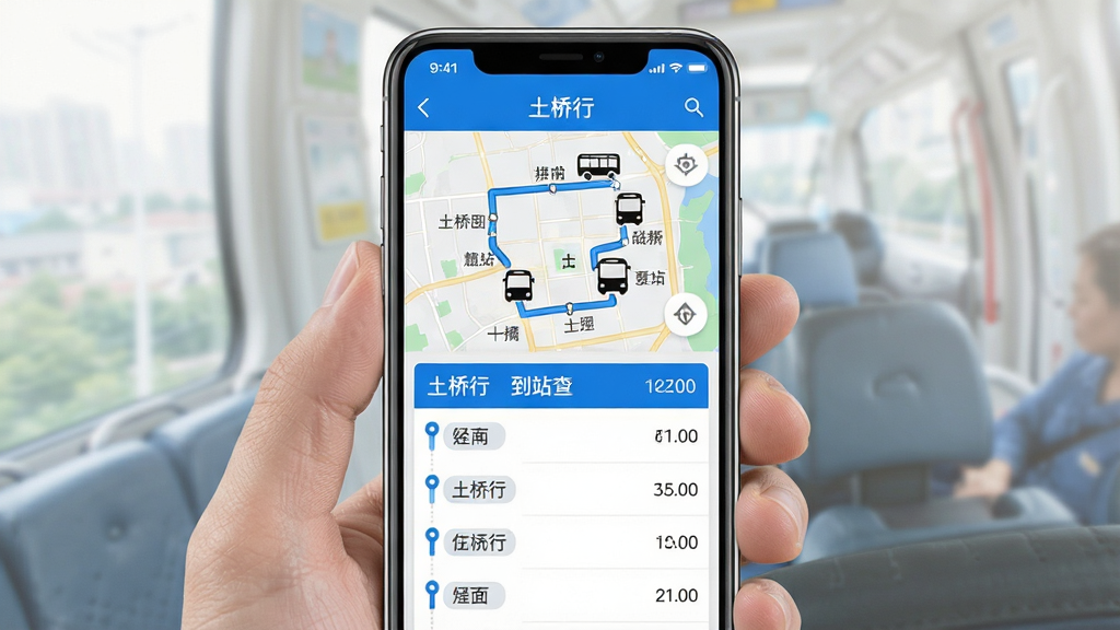 一部手机屏幕显示公交查询界面,画面中有地图路线和公交车辆图标,界面顶部标注“土桥行”应用名称,整体风格清爽简约,蓝白配色,布局为上方地图下方线路列表,细节包括站点名称标签和到站时间提示,画质清晰,画面干净整洁