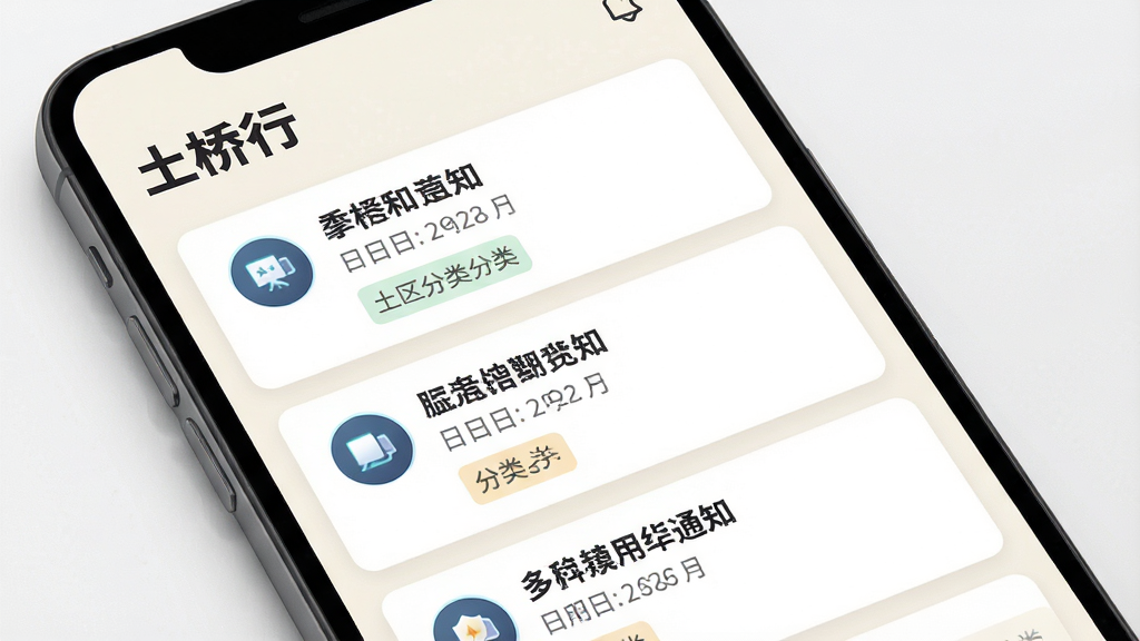 手机应用资讯列表页面展示图,屏幕中显示多条社区通知卡片,每张卡片包含标题、日期和分类标签,顶部有“土桥行”字样,整体采用浅色背景搭配深色文字,风格为现代卡片式设计,细节包括圆形图标和分割线,画质高清,画面干净无杂乱元素