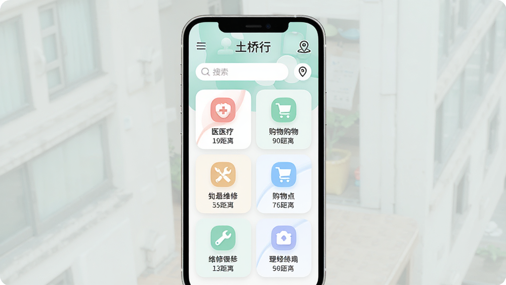 手机屏幕展示周边便民服务页面,界面中有分类图标如医疗、购物、维修等,每个分类下方列出具体服务点名称和距离,顶部显示“土桥行”应用标识,整体风格为柔和圆角卡片布局,配色清新淡雅,细节包括搜索框和定位图标,画质清晰,画面干净