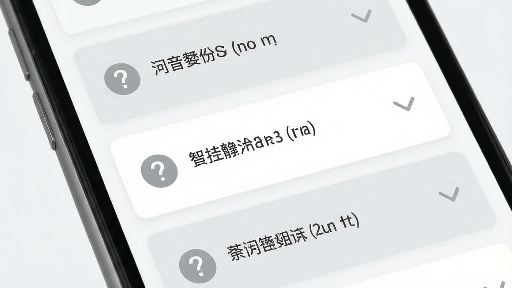 一张手机应用问答页面示意图,画面中展示手机屏幕内常见问题列表,每一条问题以卡片形式呈现,配色为浅灰与白色搭配,风格简洁素雅,细节包括问号图标和展开箭头,画质清晰,画面干净无多余装饰