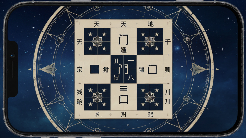 手机屏幕居中显示奇门遁甲九宫格排盘界面,盘面包含天干地支与八门九星信息,背景为深蓝色渐变星空,周围环绕淡金色罗盘纹路,主体清晰,布局对称,排版整齐,风格为科技国风,细节精致,画质高清,干净,无多余元素