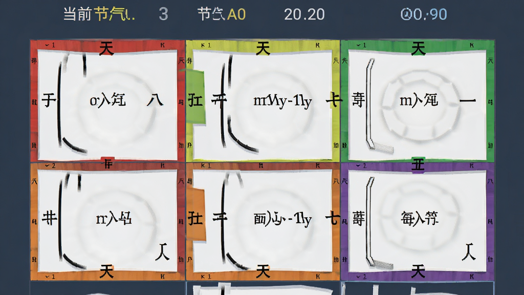 奇门排盘九宫格盘面特写,每个宫位内标注天干与八门名称,宫位边框用不同颜色区分生克关系,屏幕上方显示当前节气与局数,背景为深灰蓝色,主体为盘面,布局居中对称,排版规整,风格专业沉稳,细节清晰,画质高清,干净,无多余元素