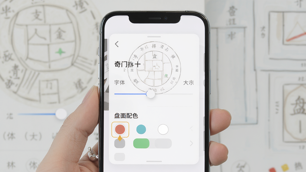 手机屏幕显示奇门排盘设置界面,包含字体大小调节滑块与盘面配色选项,界面为浅色主题,主体为设置面板,布局纵向排列,排版清晰,风格简洁现代,细节柔和,画质高清,干净,无多余元素