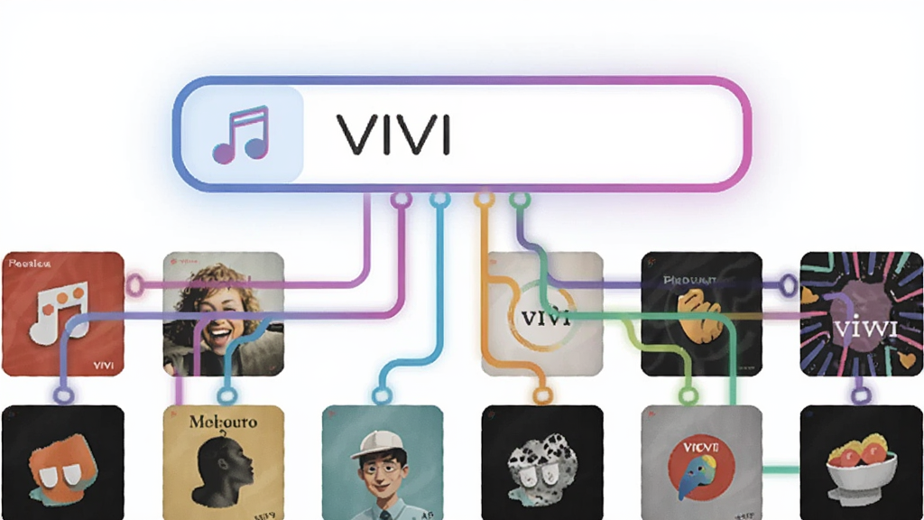 画面中央为一块悬浮的搜索框,搜索框内显示音符图标和“VIVI”字样,搜索框下方延伸出多条彩色线条连接着不同的专辑封面方块,布局为上下结构,上方是搜索框,下方是网格状排列的专辑封面,风格为科技感扁平插画,细节包括发光边框、渐变色彩和圆角矩形,画质清晰,背景干净简洁
