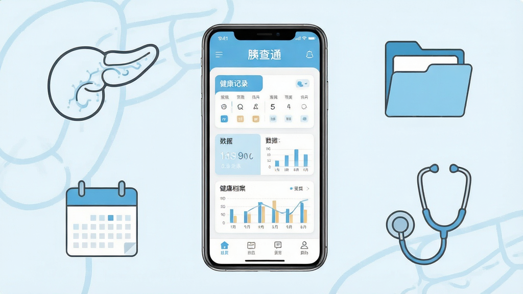 画面中央放置一部智能手机,手机屏幕上显示“胰查通”应用主界面,界面包含健康记录卡片与数据图表;手机周围环绕胰腺器官的简约线稿插画、日历图标、健康档案文件夹与听诊器元素;整体采用浅蓝与白色为主的医疗健康配色,布局居中对称,风格简洁现代扁平化,细节干净清晰,画质高清,背景纯色无多余元素