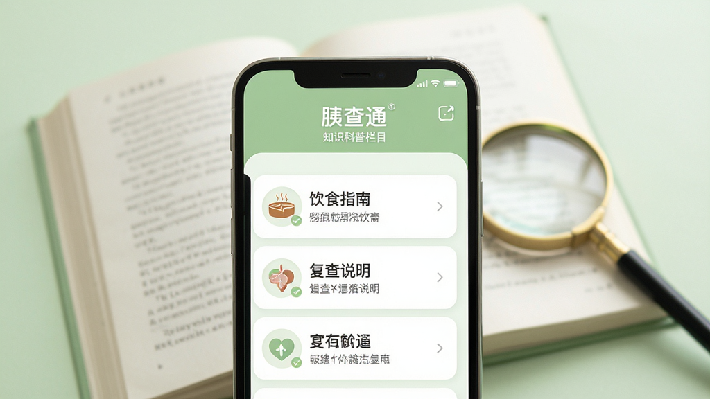 手机屏幕显示“胰查通”知识科普栏目列表,包含饮食指南、复查说明等条目;手机后方衬托翻开的书本与放大镜元素,整体采用柔和的浅绿色调,布局为居中展示,风格温和亲切,细节表现界面文字排版的整洁感,画质高清,背景干净无多余装饰