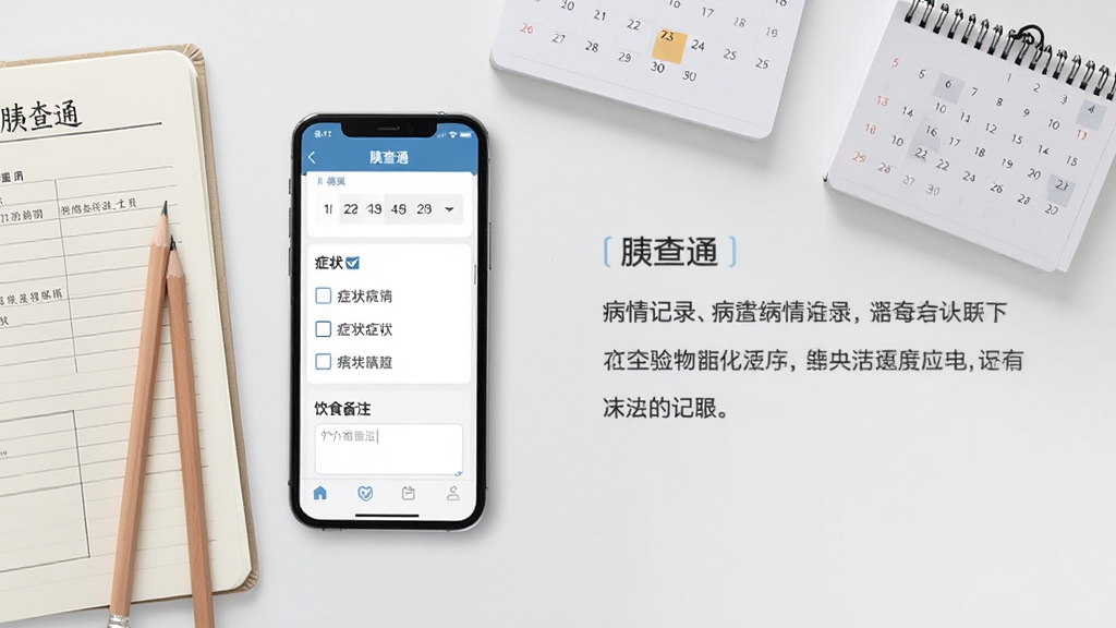 一部手机展示“胰查通”病情记录页面,页面中有日期选择、症状勾选项与饮食备注输入框;手机旁放置纸质病历本、铅笔与日历,背景为浅灰白色,布局采用左图右文式构图,风格清新简约,细节突出记录表单的清晰层级,画质高清干净,无杂乱元素