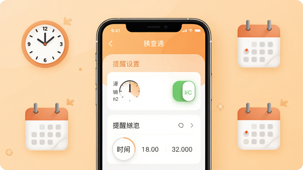 手机屏幕显示“胰查通”提醒设置界面,旁边放置时钟与日历图标;画面采用浅橙色背景,布局为手机居中、图标环绕,风格温馨明快,细节突出提醒开关与时间选择控件,画质高清,整体干净整洁无多余元素